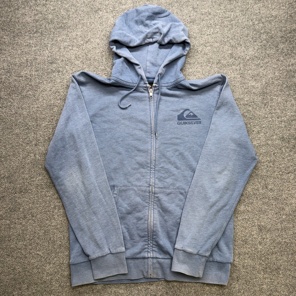 Quiksilver Mens Full Zip Hoodie Blue Heather Logo Sweatshirt Size L